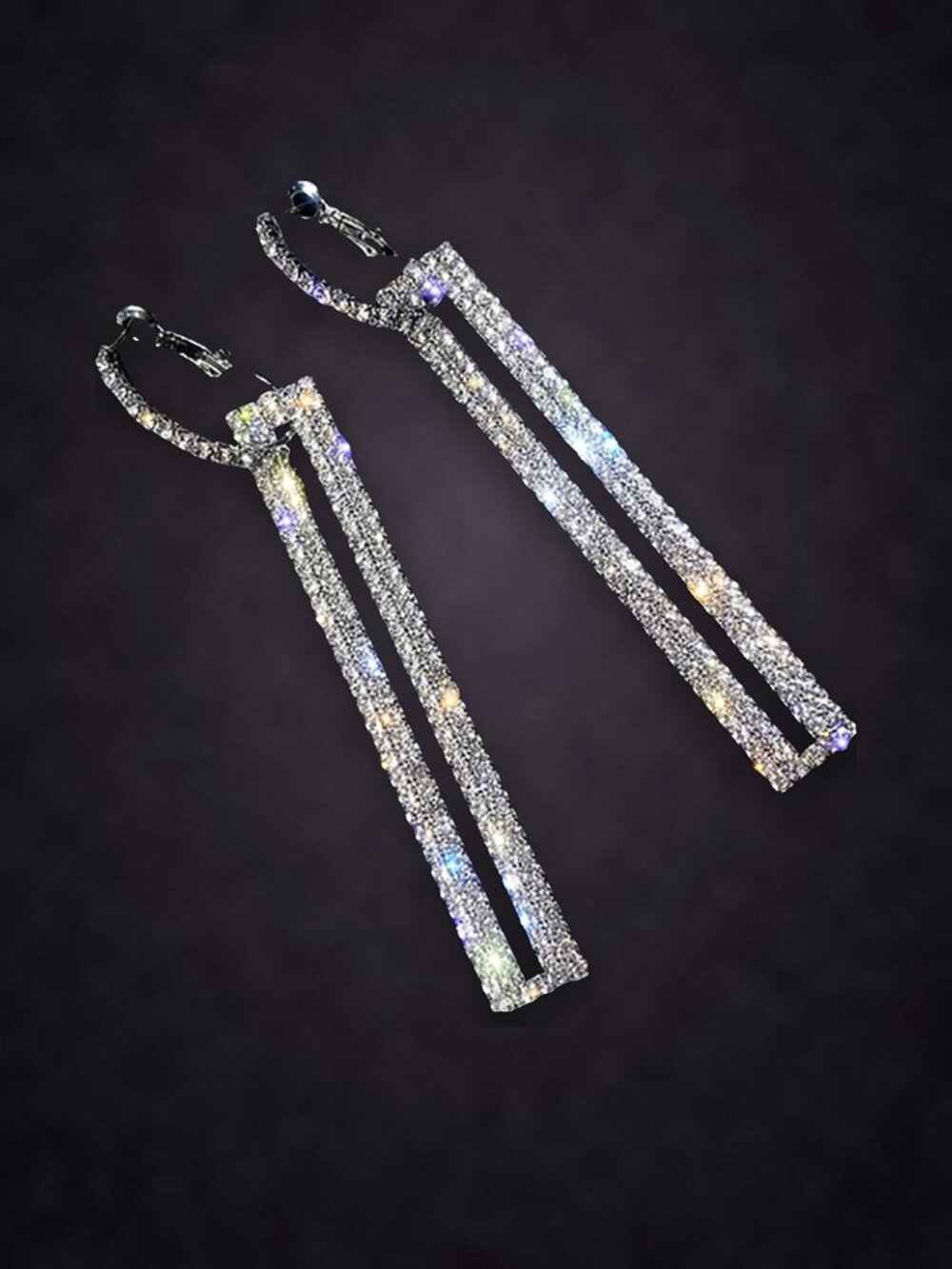 Long Rhinestone Rectangle Drop Earrings, Silver Tone Crystal Bars NWT